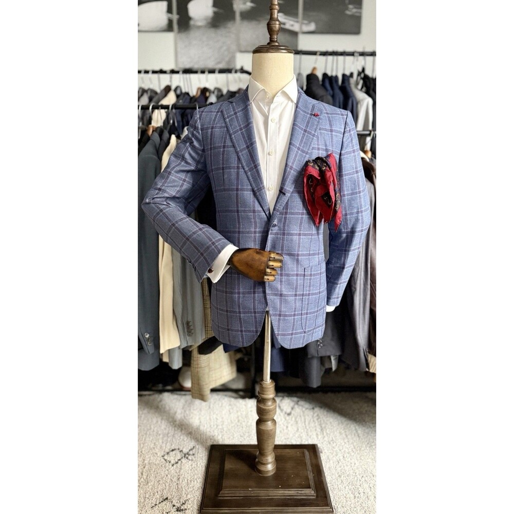 NEW Gorgeous Blue Checked Wool/Linen De Corato Sartoria Sport Coat 38R US 48R IT